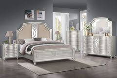 Presenting the Reflection 6 Piece Bedroom Set in Silver, a harmonious ensemble featuring a captivating bed, an expansive 8-drawer dresser, a sleek mirror, a functional 5-drawer chest, and two convenient 3-drawer nightstands. Crafted with precision from so
