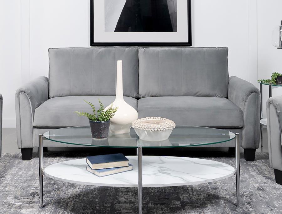 Captivating character blends with timeless style in a modern upholstered sofa. In gray upholstery that-'s soft like velvet, the sofa is a lovely focal point for a living room seating group, offering refined, understated style and plenty of comfort. Rounde