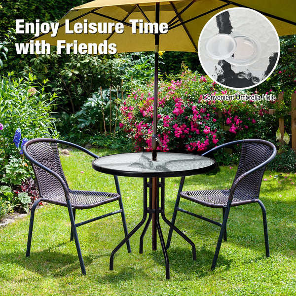 This round table will be your ideal choice if you are looking for a beautiful and practical table. Â  It is made of tempered glass and durable painted steel  which makes this table rust-proof and weather -resistant. Then it is suitable for outdoor and ind