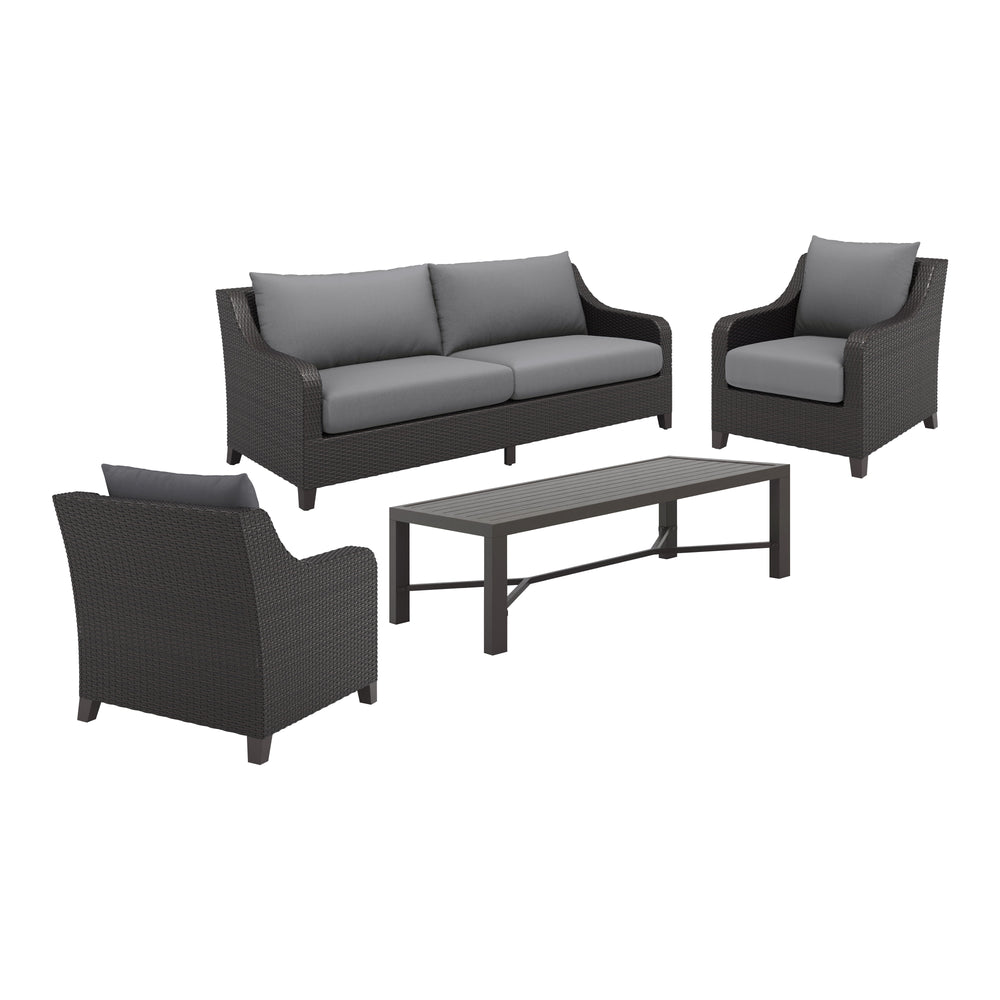 Discover the Skye Outdoor Patio Conversation Set in Gray, complete with a three-seater sofa, two club chairs, and a coffee table, designed to enhance your outdoor experience. Crafted with durable aluminum frames and a baked-on powder finish, this set ensu