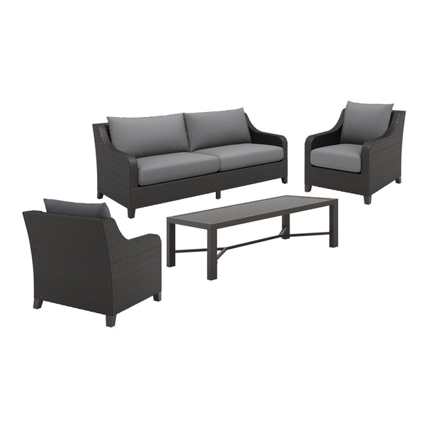 Discover the Skye Outdoor Patio Conversation Set in Gray, complete with a three-seater sofa, two club chairs, and a coffee table, designed to enhance your outdoor experience. Crafted with durable aluminum frames and a baked-on powder finish, this set ensu