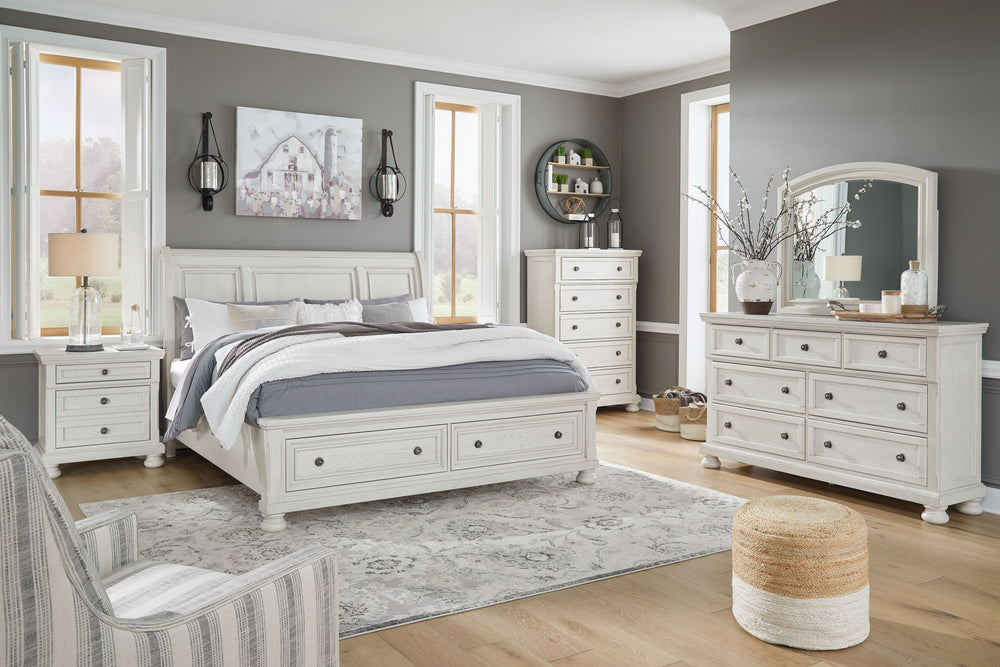 Robbinsdale - 6 Pc. - Dresser, Mirror, Chest, Queen Sleigh Bed with 2 Storage Drawers - Antique White