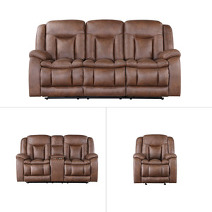 The Morello 3 Piece Power Reclining Sofa, Console Loveseat, and Glider Recliner in Brown is a standout choice for your living room. This set includes a power sofa, a power console loveseat, and a glider recliner, all upholstered in sumptuously soft 100% p