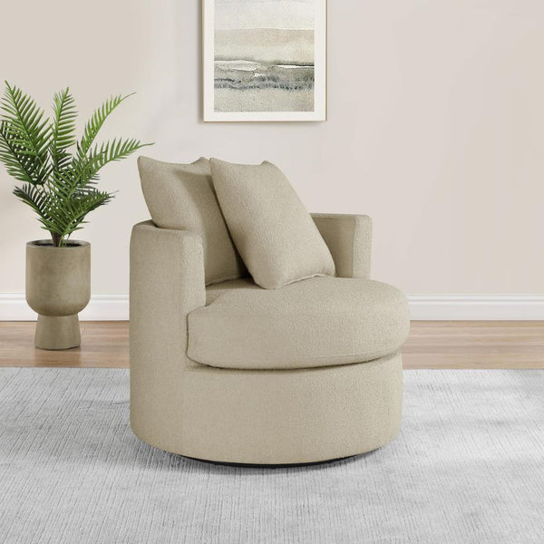  it-'s a compact silhouette with a round frame and pocket coil springs in its foam seat cushion