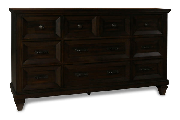 The Sevilla 9-Drawer Dresser in walnut is a masterpiece of timeless craftsmanship and versatile design, making it a stunning addition to any bedroom. Skillfully crafted from solid Acacia wood and Acacia veneers, this dresser features a rich, hand-distress