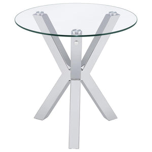  or utility table. Its round tempered glass top rests elegantly on an electroplated chrome frame crafted from heavy gauge steel