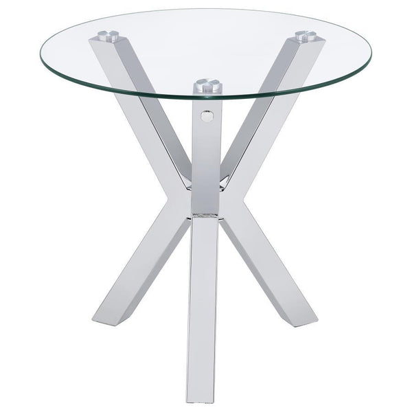 or utility table. Its round tempered glass top rests elegantly on an electroplated chrome frame crafted from heavy gauge steel