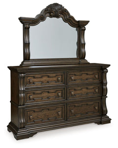 From the ornamental appliques to the large scale, this dresser and mirror make a bold statement. Spacious drawers store your clothes, jewelry and more in stunning style. The look is timeless. The feel? Right at home.<br/><br/><b>Product Features</b><ul><l