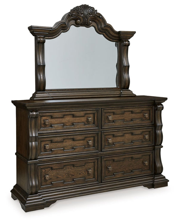 From the ornamental appliques to the large scale, this dresser and mirror make a bold statement. Spacious drawers store your clothes, jewelry and more in stunning style. The look is timeless. The feel? Right at home.<br/><br/><b>Product Features</b><ul><l