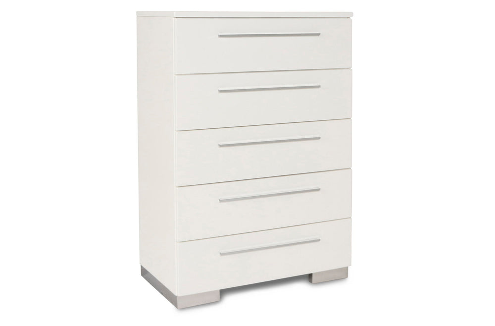 Enhance your bedroom with the Sapphire Modern 5-Drawer Chest in high gloss white. Crafted from high-quality manufactured wood, this chest features a flawlessly smooth, ripple-free surface and a glossy white laminate finish for a sleek, contemporary look. 