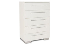 Enhance your bedroom with the Sapphire Modern 5-Drawer Chest in high gloss white. Crafted from high-quality manufactured wood, this chest features a flawlessly smooth, ripple-free surface and a glossy white laminate finish for a sleek, contemporary look. 