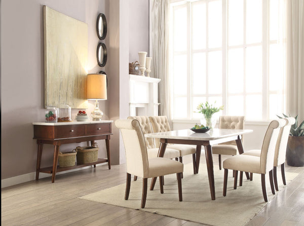Spacious seating space accented with an eye-catching marble table top and wooden tapered base, the Gasha dining collection will be the most attractive addition to any home. To add more comfort, the side chairs are upholstered in beige linen. Also, take th