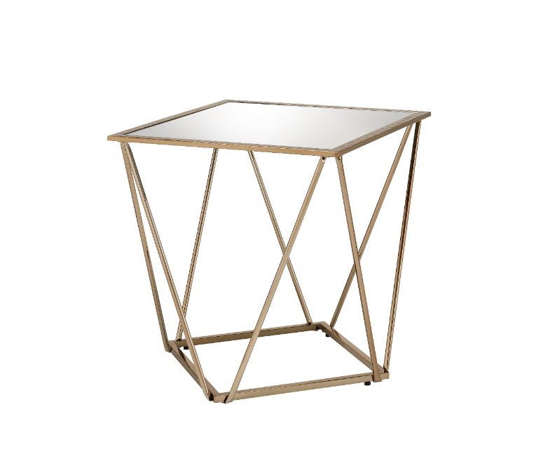 Bring dimension, depth and distinctive visual appeal to the whole space with this modern geometric design. Square table top is paired with irregular metal base, adding a uniquely attractive contrast to this table. The champagne gold finish showcases it ge