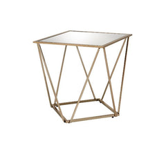 Bring dimension, depth and distinctive visual appeal to the whole space with this modern geometric design. Square table top is paired with irregular metal base, adding a uniquely attractive contrast to this table. The champagne gold finish showcases it ge