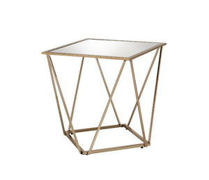 Bring dimension, depth and distinctive visual appeal to the whole space with this modern geometric design. Square table top is paired with irregular metal base, adding a uniquely attractive contrast to this table. The champagne gold finish showcases it ge
