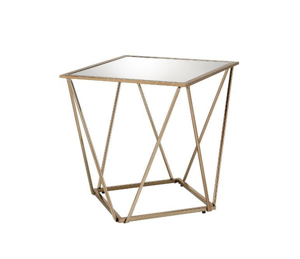 Bring dimension, depth and distinctive visual appeal to the whole space with this modern geometric design. Square table top is paired with irregular metal base, adding a uniquely attractive contrast to this table. The champagne gold finish showcases it ge