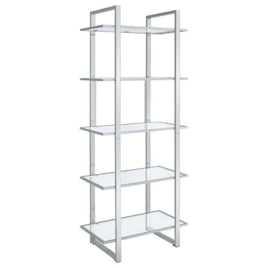 Create a well styled living space that radiates modern luxury. This contemporary bookcase delivers sleek lines of metal in your choice of gorgeous, polished finishes. The shelves are made with tempered glass for smooth, sturdy support. With five shelves t