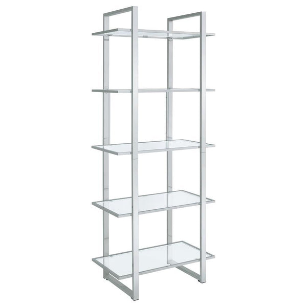 Create a well styled living space that radiates modern luxury. This contemporary bookcase delivers sleek lines of metal in your choice of gorgeous, polished finishes. The shelves are made with tempered glass for smooth, sturdy support. With five shelves t