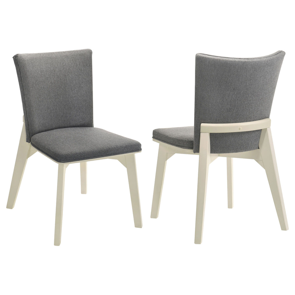 Enhance your dining area with the modern simplicity of this comfortable dining chair. The chair features soft gray fabric upholstery over plush cushioning for a comfortable seat. Its sleek, angular white base creates a subtle, airy contrast, while its str