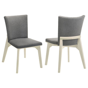 Enhance your dining area with the modern simplicity of this comfortable dining chair. The chair features soft gray fabric upholstery over plush cushioning for a comfortable seat. Its sleek, angular white base creates a subtle, airy contrast, while its str