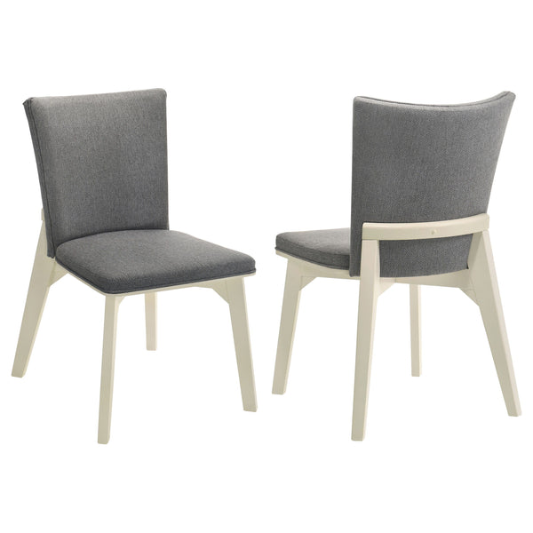 Enhance your dining area with the modern simplicity of this comfortable dining chair. The chair features soft gray fabric upholstery over plush cushioning for a comfortable seat. Its sleek, angular white base creates a subtle, airy contrast, while its str