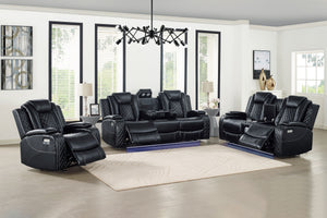 The Orion II 3-Piece Power Dual Reclining Sofa, Console Loveseat, and Glider Recliner with Adjustable Headrests in Black offers a premium blend of comfort, style, and functionality. Built with a durable hardwood and manufactured wood frame, this set ensur