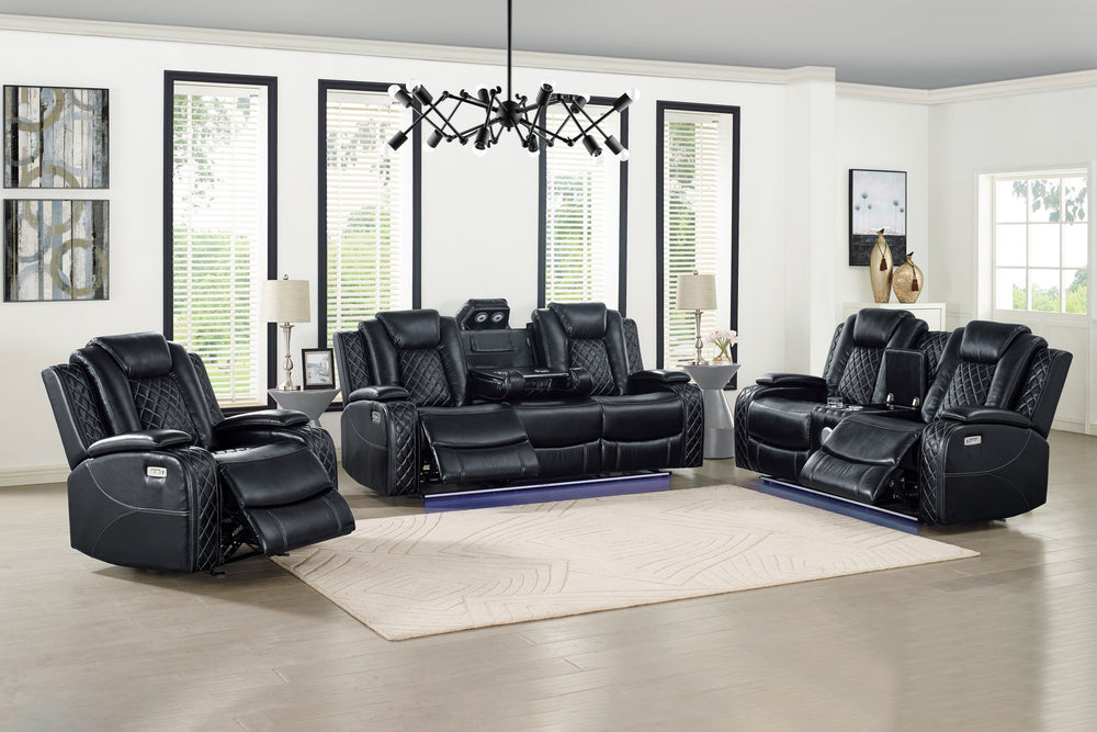 The Orion II 3-Piece Power Dual Reclining Sofa, Console Loveseat, and Glider Recliner with Adjustable Headrests in Black offers a premium blend of comfort, style, and functionality. Built with a durable hardwood and manufactured wood frame, this set ensur