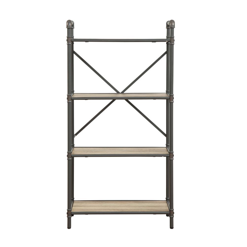 If you-'re a fan of urban industrial design, it-'s easy to see why the Itzel bookcase is a bestseller. The sandy gray frame is sleek, sculptural and ultra modern. Beautified with an antique oak finish, four gallery shelves stack up to great form and funct