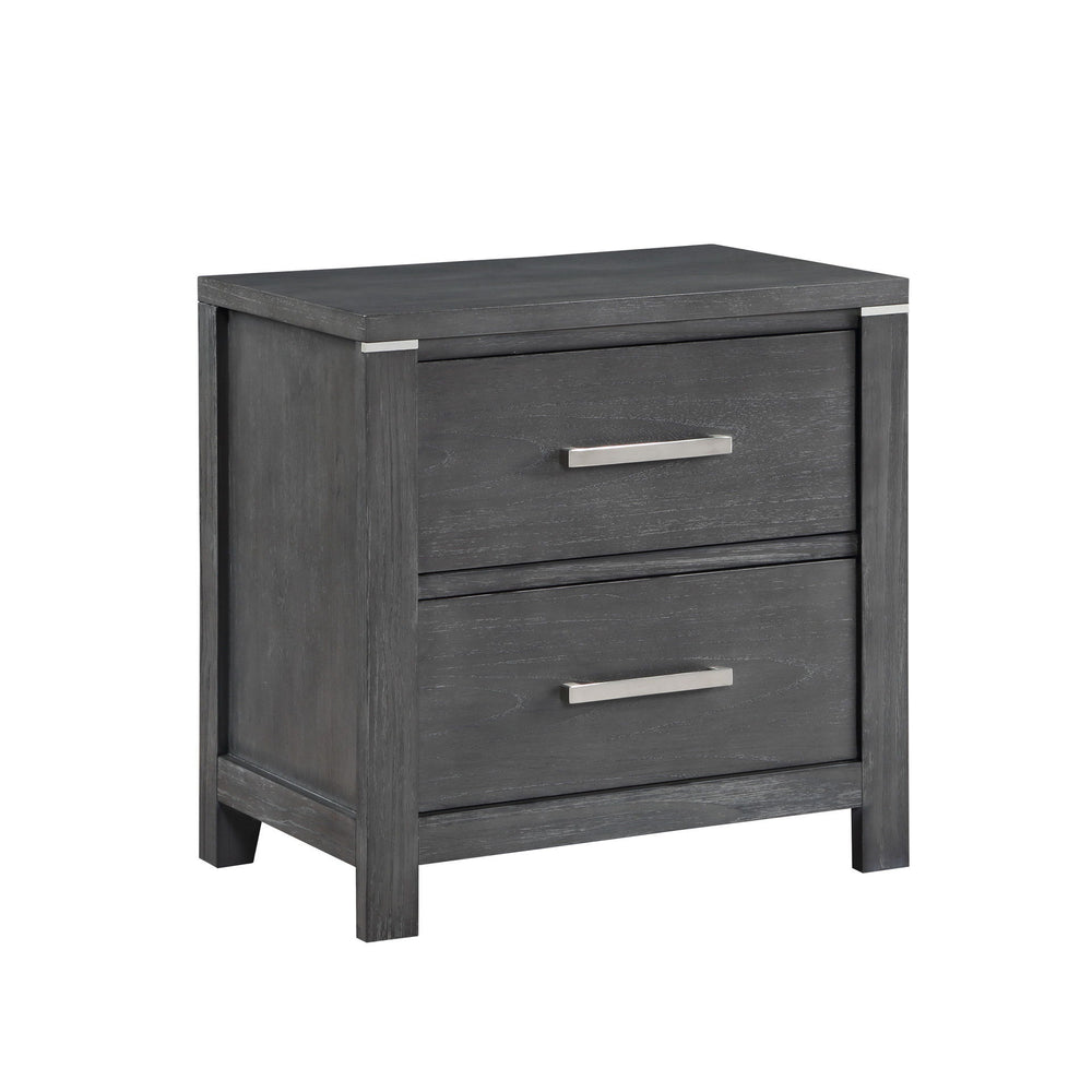 The Odessa Bedroom Collection embodies modern sophistication and luxurious comfort. Crafted with high-quality pine solids and Mindy Veneers, this collection showcases the perfect blend of durability and beauty. The charcoal gray finish with white hangup a