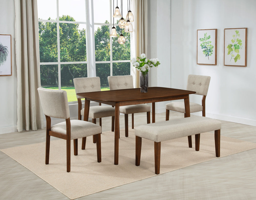 Transform your dining space with this elegantly designed dining set, where timeless craftsmanship meets modern comfort. Featuring a beautifully finished wooden table with rounded edges, this ensemble creates a warm and inviting atmosphere for family meals