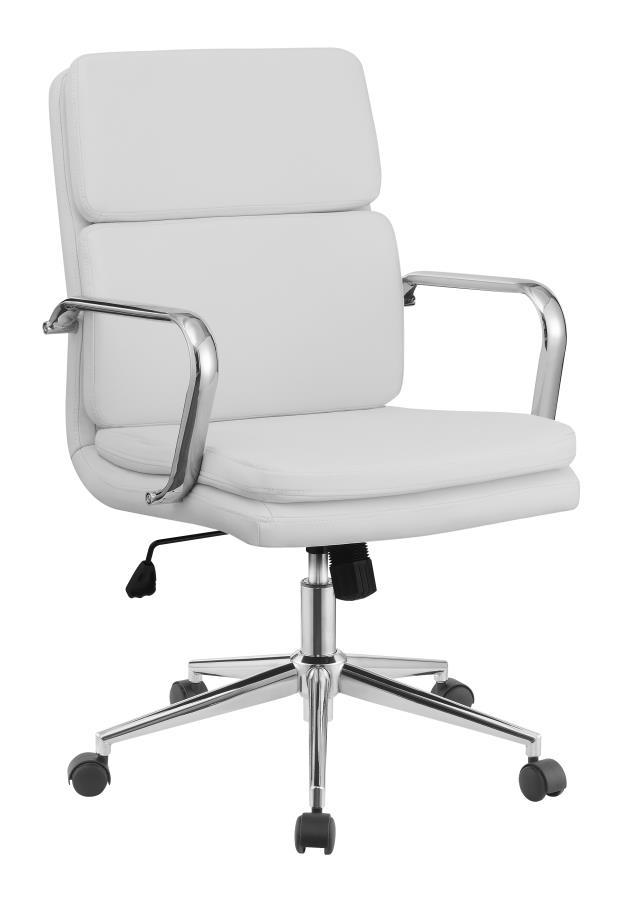Work in modern comfort and style with this office chair. The sleek styling of the metal frame and arms displays a shiny chrome finish. This cushioned chair features a contoured mid-back design for excellent comfort in a lower profile silhouette. Your new 