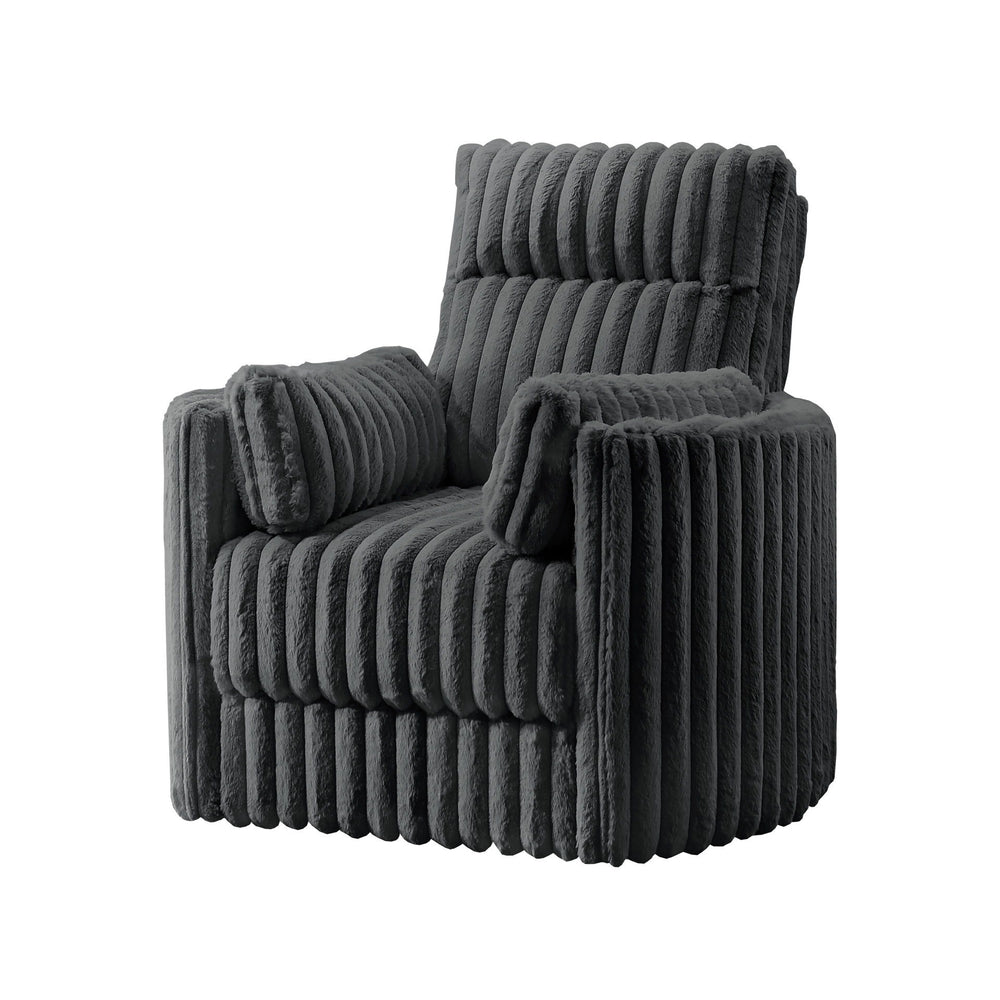 The Embrace Swivel Living Room Accent Chair in charcoal gray combines comfort and style with practical functionality. Upholstered in 100% charcoal gray polyester fabric with a soft, blanket-like texture, this chair is designed for ultimate relaxation. It 