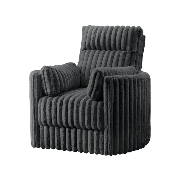 The Embrace Swivel Living Room Accent Chair in charcoal gray combines comfort and style with practical functionality. Upholstered in 100% charcoal gray polyester fabric with a soft, blanket-like texture, this chair is designed for ultimate relaxation. It 