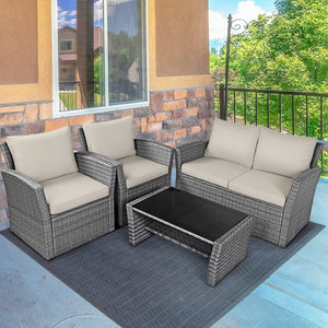 Includes 2 armchairs  1 loveseat and 1 coffee table for versatile use<br>Sturdy power coated steel frame provides strong durability and stability<br>Thick tempered glass tabletop to hold your drinks  meals and more<br>Coffee table with a spacious shelf pr