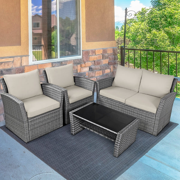 Includes 2 armchairs  1 loveseat and 1 coffee table for versatile use<br>Sturdy power coated steel frame provides strong durability and stability<br>Thick tempered glass tabletop to hold your drinks  meals and more<br>Coffee table with a spacious shelf pr