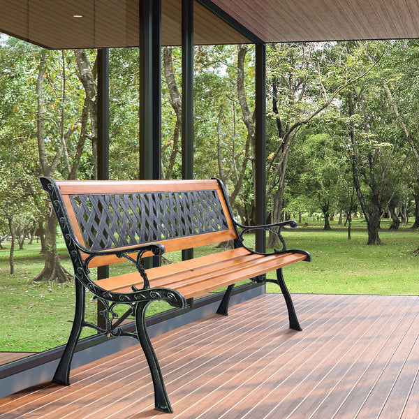 It consists of well-painted iron cast structure  solid wood seat and backrest frame  and PVC backrest pattern. <br>It comes with a size of 49.5-" x 20.5-" x 29-" and features a strong load-bearing capacity of up to 463 lbs. <br>It-'s able to comfortably s