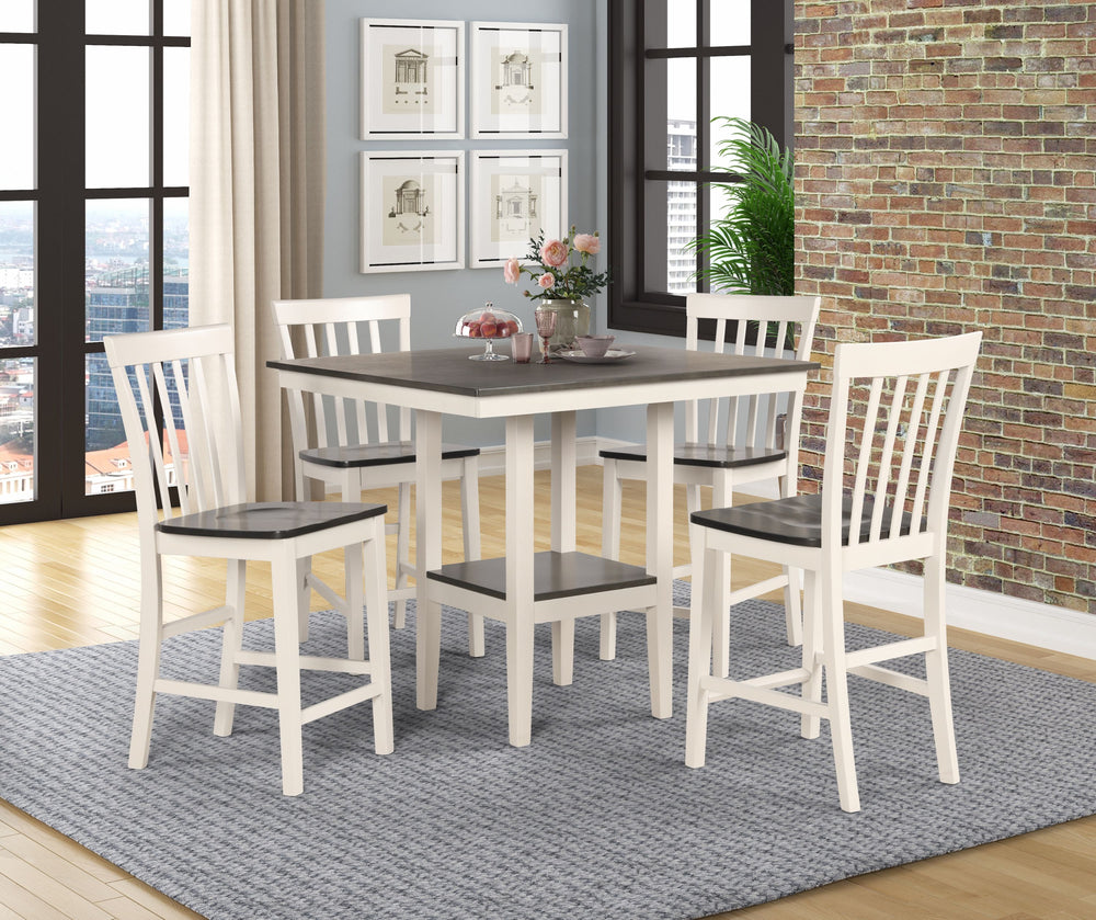 This 5 pack counter height dining group features an on-trend two-tone finish. Shaped seats and curved backs provide comfort. The compact size is perfect for an apartment or eat-in kitchen space.<br/><br/><b>Product Features</b><ul><li>2 toned finish</li><