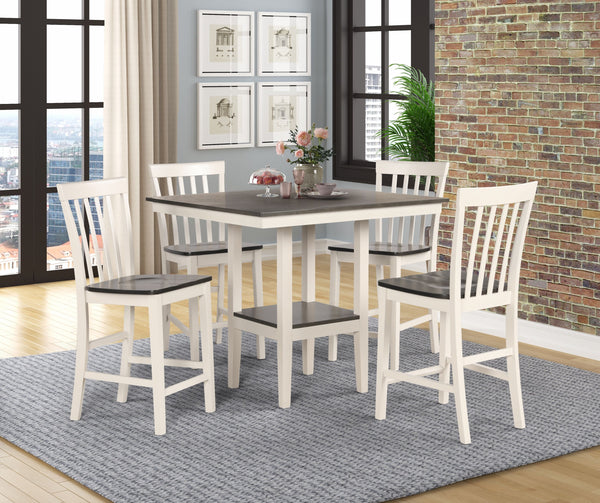 This 5 pack counter height dining group features an on-trend two-tone finish. Shaped seats and curved backs provide comfort. The compact size is perfect for an apartment or eat-in kitchen space.<br/><br/><b>Product Features</b><ul><li>2 toned finish</li><