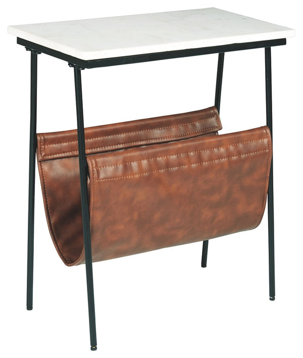 With its mixed media design, this accent table with magazine holder is whatâ€™s newâ€”and whatâ€™s you. A fusion of black metal, white marble and brown faux leather creates a contemporary aesthetic thatâ€™s the genuine article.<br><br><b>Additional Dimens