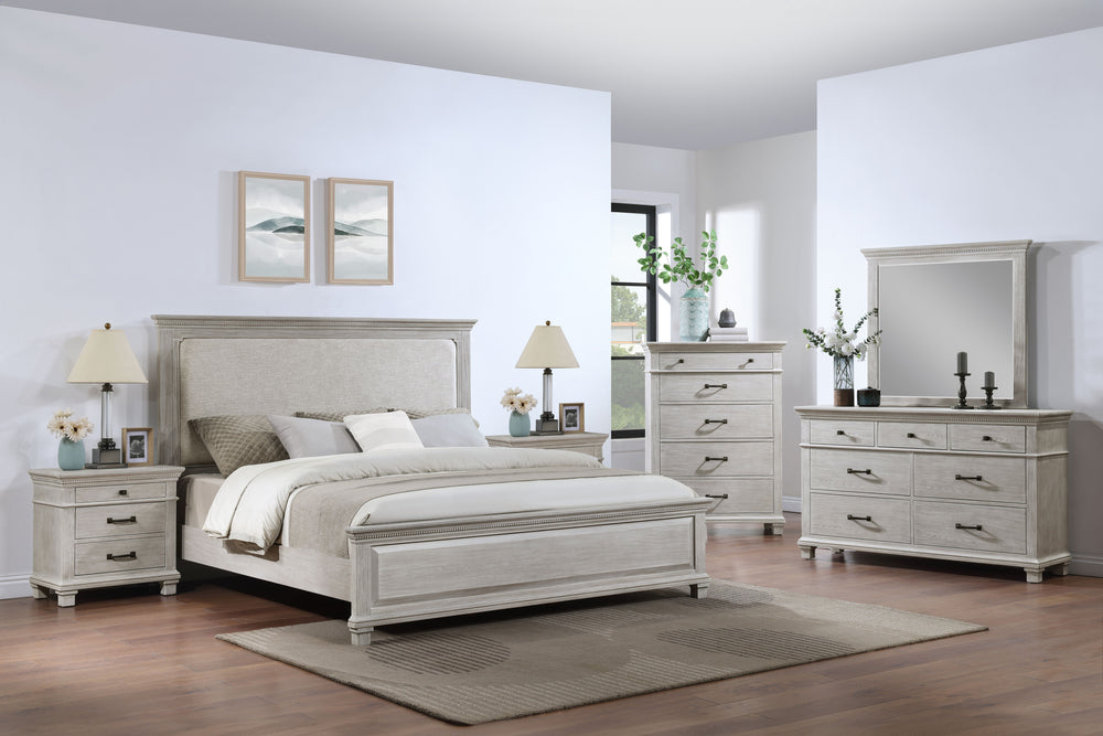 The Silver Sands 6 Piece Wood Bedroom Set in Gray is designed to combine durability, style, and functionality, making it a perfect addition to any bedroom. This set includes a an upholstered panel bed, a dresser, a mirror, two nightstands, and a chest, pr