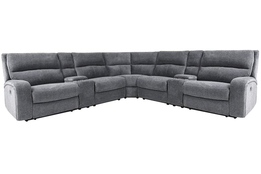 Even commercials are more tolerable when you-'re relaxing in the plush comfort of this six-piece sectional seating group. You-'ll love the luxury of its two power recliners on each end that feature power headrests. Between those, you-'ll find and armless 