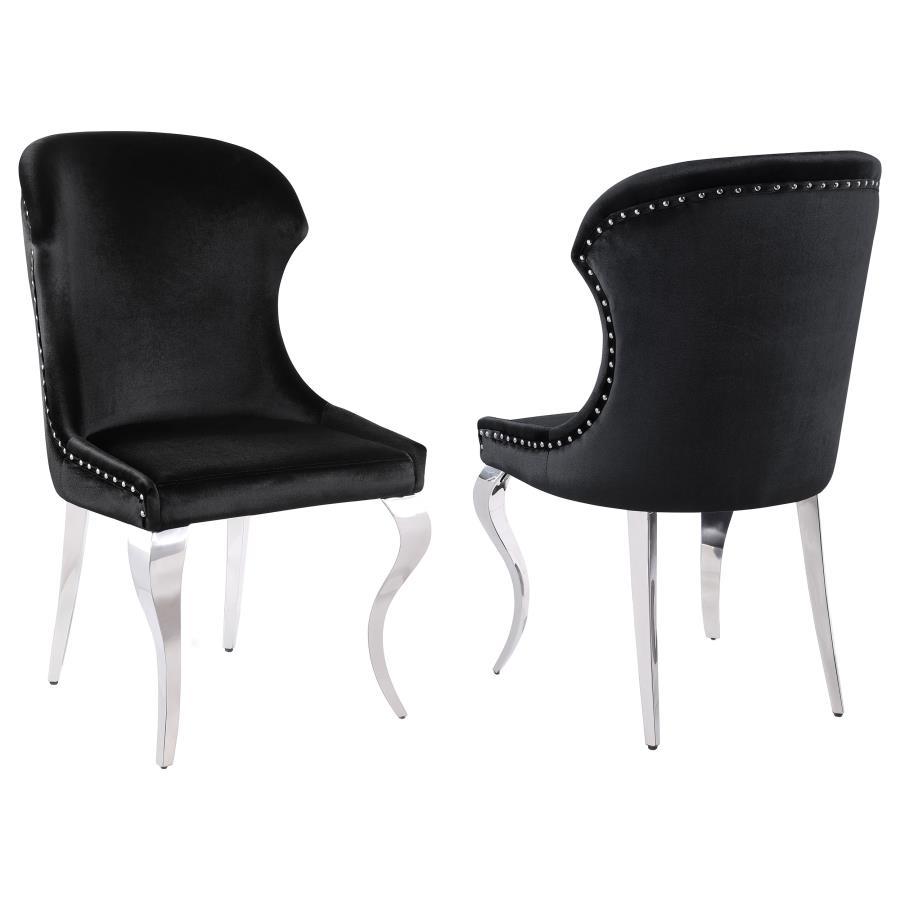 Indulge in the ultimate dining experience with the demi wing dining side chair. Its polished stainless steel cabriole legs exude sophistication, while the individually hand-driven nailhead trim adds a luxurious touch. Wrapped in soft velvet upholstery, th