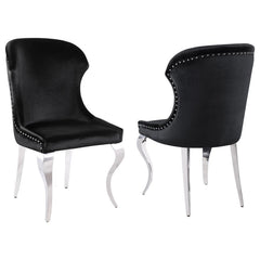 Indulge in the ultimate dining experience with the demi wing dining side chair. Its polished stainless steel cabriole legs exude sophistication, while the individually hand-driven nailhead trim adds a luxurious touch. Wrapped in soft velvet upholstery, th