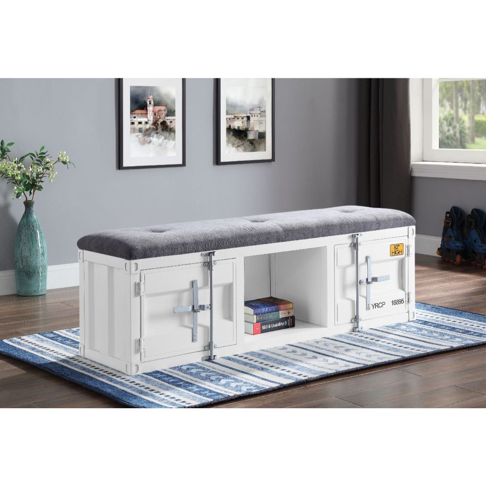 KD, Armless Bench (Backless) Storage: 2 Metal Doors (), 1 Open Compartment Stationary Seat Padded SEAT: Cushion (Solid Pattern) Features: Metal Frame, Recessed Panels (Cargo Container Panels), Full-Length Container Lock Backless (NO LEGS) Armless<br/><br/
