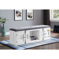 KD, Armless Bench (Backless) Storage: 2 Metal Doors (), 1 Open Compartment Stationary Seat Padded SEAT: Cushion (Solid Pattern) Features: Metal Frame, Recessed Panels (Cargo Container Panels), Full-Length Container Lock Backless (NO LEGS) Armless<br/><br/