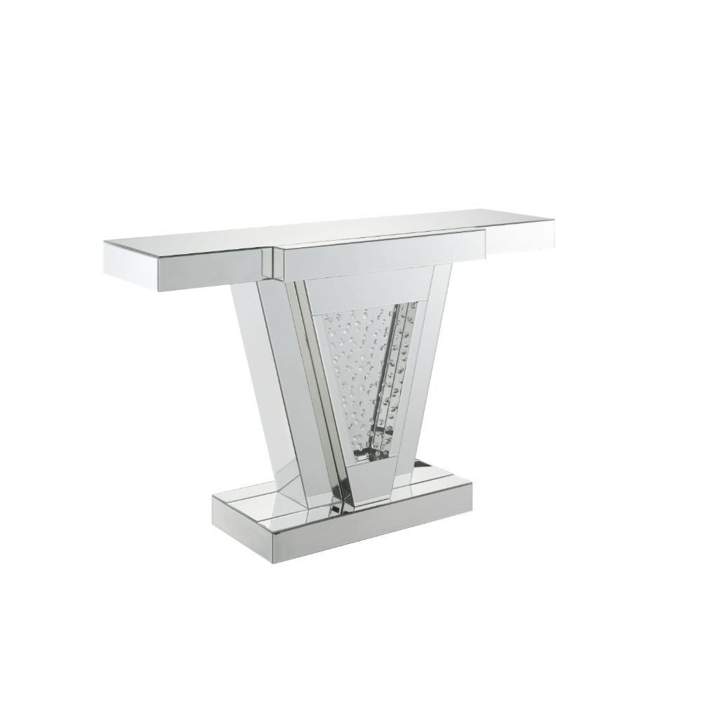 KD, Rectangular Console Table Beveled Mirrored Finish, Clear Glass with Faux Crystal Inlay (Back Unfinished) Orientation: Free Standing NO Storage (Pedestal Base) CONSTRUCTION Top & Apron: Mirror, MDF (Fixed Top/No Leaves) Mirrored Base: Geometric Shape P