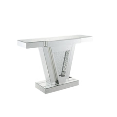 KD, Rectangular Console Table Beveled Mirrored Finish, Clear Glass with Faux Crystal Inlay (Back Unfinished) Orientation: Free Standing NO Storage (Pedestal Base) CONSTRUCTION Top & Apron: Mirror, MDF (Fixed Top/No Leaves) Mirrored Base: Geometric Shape P