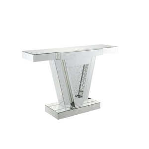 KD, Rectangular Console Table Beveled Mirrored Finish, Clear Glass with Faux Crystal Inlay (Back Unfinished) Orientation: Free Standing NO Storage (Pedestal Base) CONSTRUCTION Top & Apron: Mirror, MDF (Fixed Top/No Leaves) Mirrored Base: Geometric Shape P
