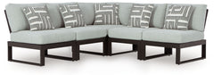 Sleek, contemporary style meets outdoor living in this sectional. Its clean-lined black aluminum frame and resin wicker back expertly balance good looks and longevity. The enhanced UV resistance of Nuvella+â„¢ fabric keeps the cushions light and bright, w