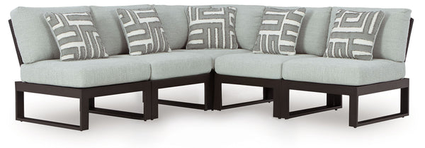 Sleek, contemporary style meets outdoor living in this sectional. Its clean-lined black aluminum frame and resin wicker back expertly balance good looks and longevity. The enhanced UV resistance of Nuvella+â„¢ fabric keeps the cushions light and bright, w
